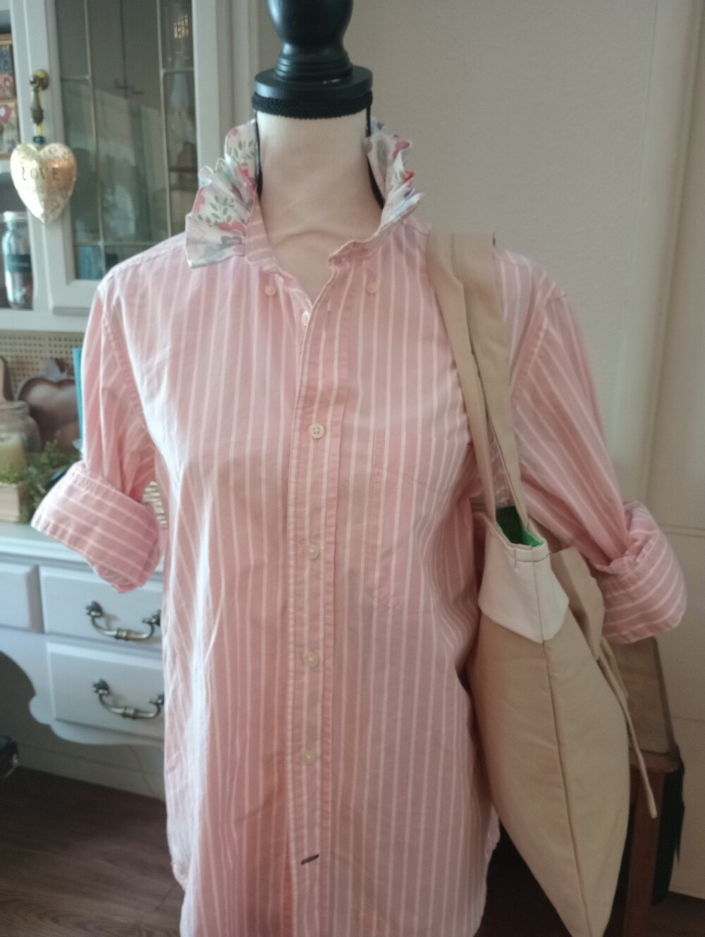 Old Navy Pink and White Striped Button-Up with Floral Ruffle Collar - Picture 11 of 11